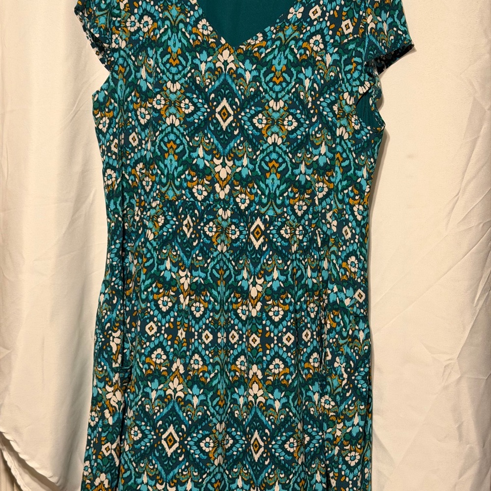Garnet Hill Teal and White Patterned Midi Dress